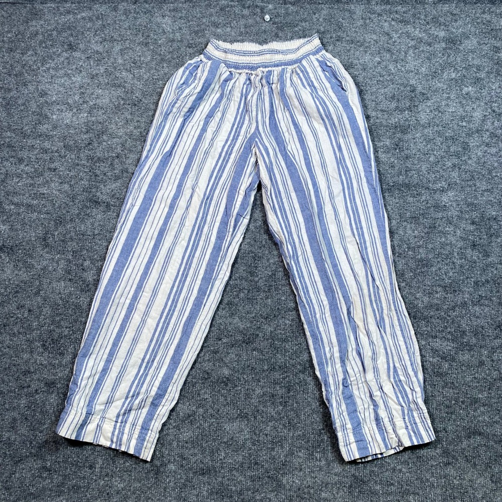 Land 'n Sea Womens Blue White Striped Linen Blend Smocked Waist Pants Medium